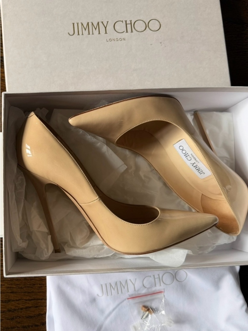 Jimmy Choo Anouk Nude Patent Pointed Toe Stiletto Pumps 37.5 US 7.5 FULL SET